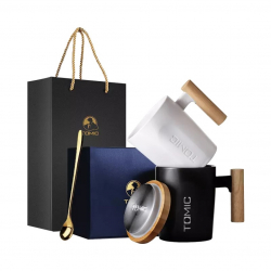 Набор из керамических кружек Xiaomi Tomic Ceramic Cup With Bamboo Cover And Wooden Handle Black and White